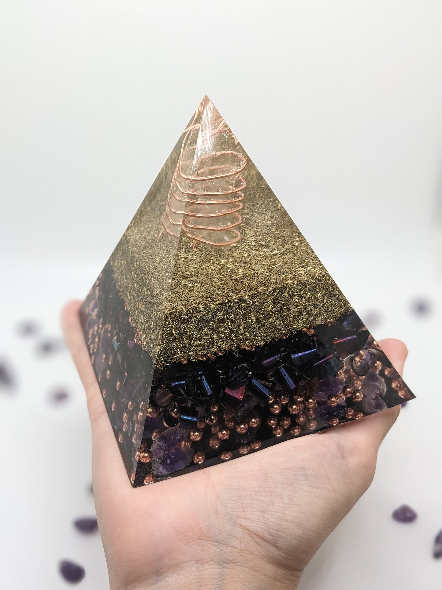 Orgonite Pyramid with Amethyst, Quartz, Copper, Brass & Real 4-Leaf Clover | Handmade Resin Desk Art | Unique Gift Made in the USA