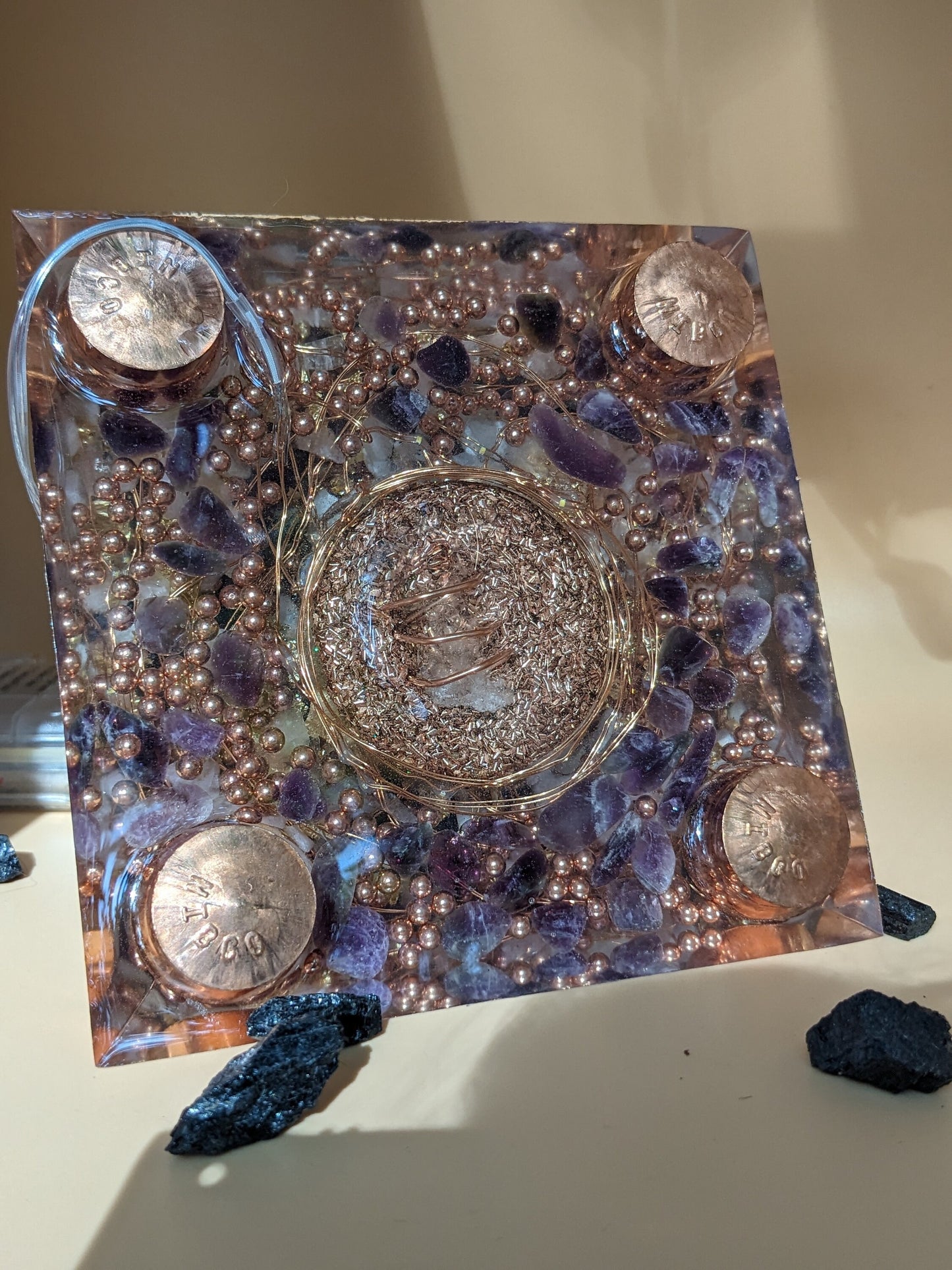 Large Orgonite Pyramid – 6 Inch Display Piece with Quartz, Shungite, Copper & Crystals | Handmade Resin Art for Home or Office
