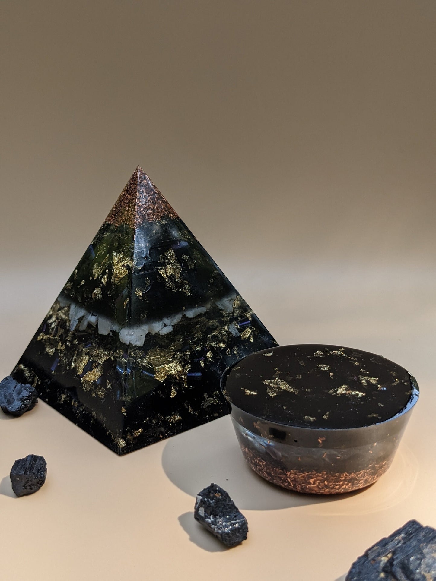 Orgonite Pyramid & Tower Buster Set | Shungite, Moonstone, Quartz and Fluorite | Handmade Resin Crystal Décor