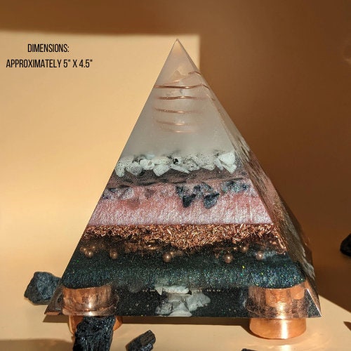 Handmade Orgonite Pyramid with Quartz, Moonstone & Black Tourmaline – Resin Pyramid for Desk, Shelf, or Home Decor Gift
