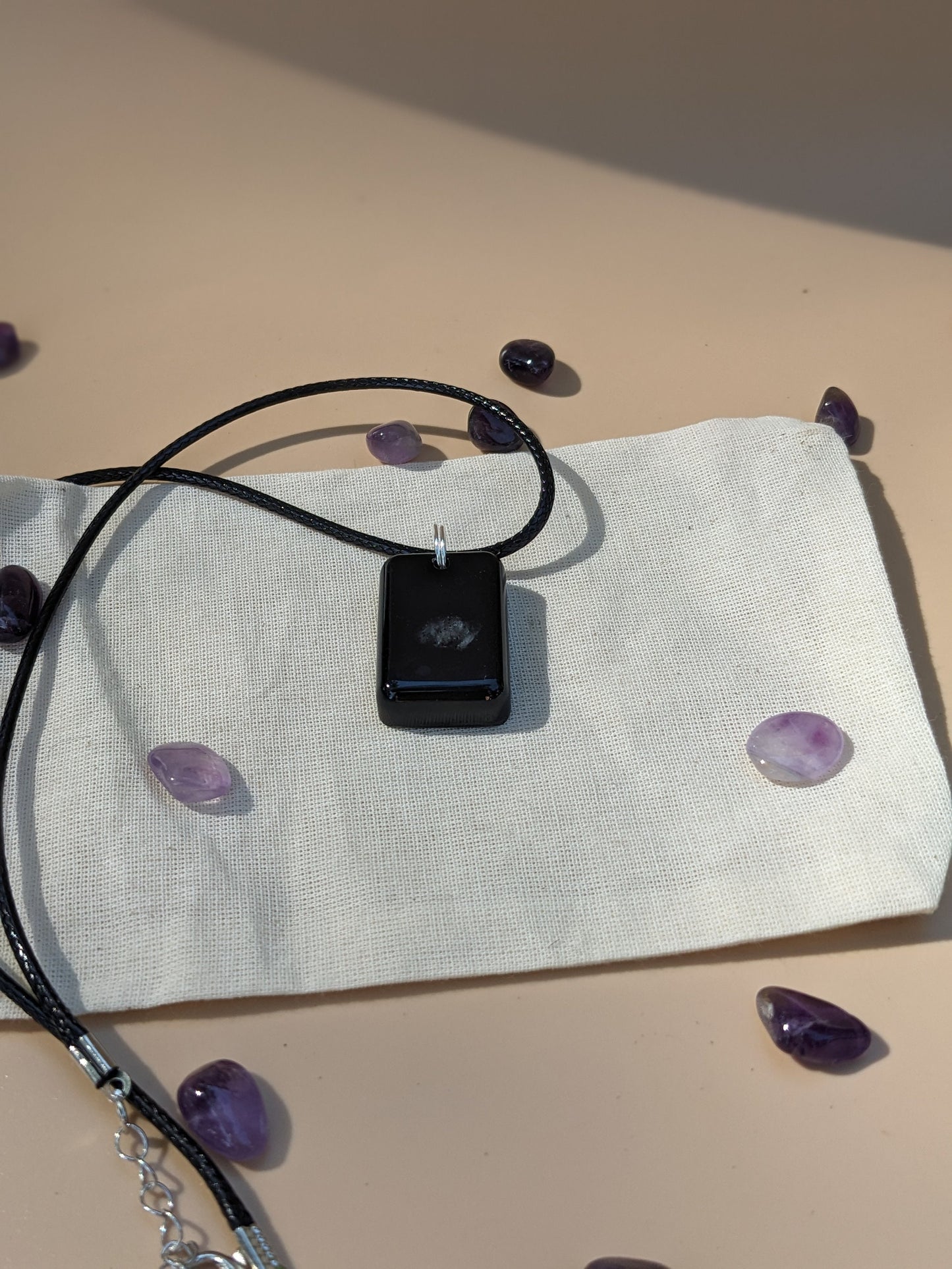 Small Shungite Pendant Necklace | Minimalist Black Stone Jewelry | Adjustable Cord Necklace | Handmade Unisex Gift