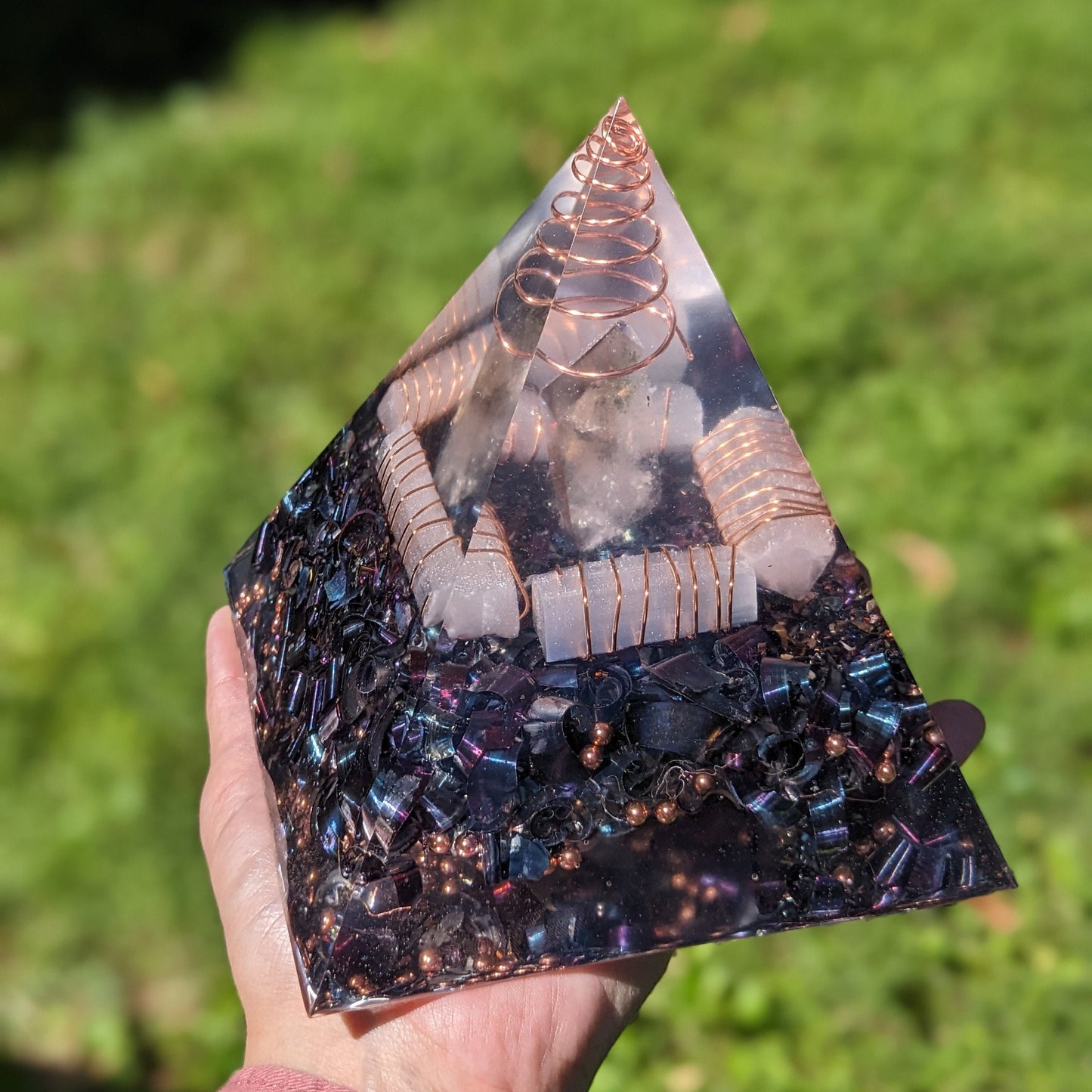 Large Orgonite Pyramid with Selenite – Handmade Resin Desk Decor – Oversized EMF Awareness Pyramid for Home or Office