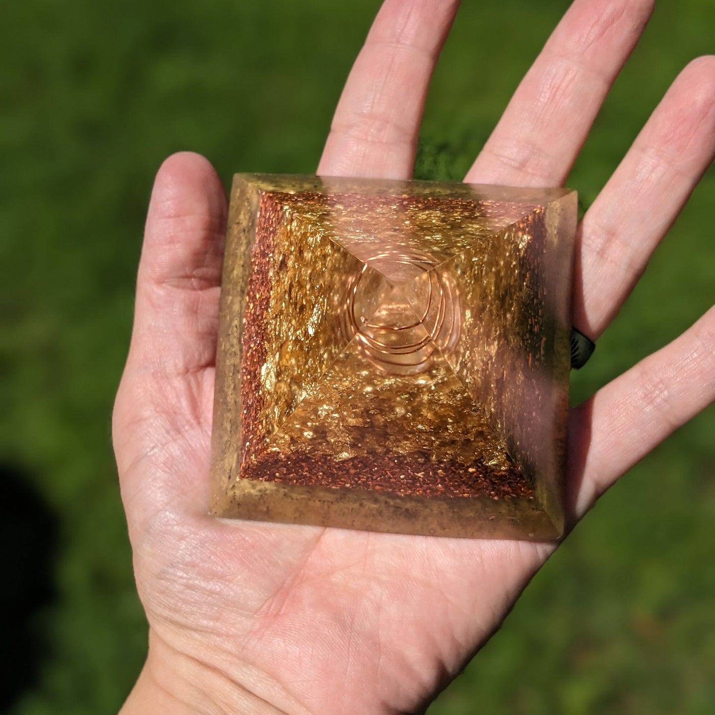 Handmade Orgonite Pyramid with Quartz, Copper & Shungite | 3" Resin Decorative Desk Accent | Modern Home Office Decor