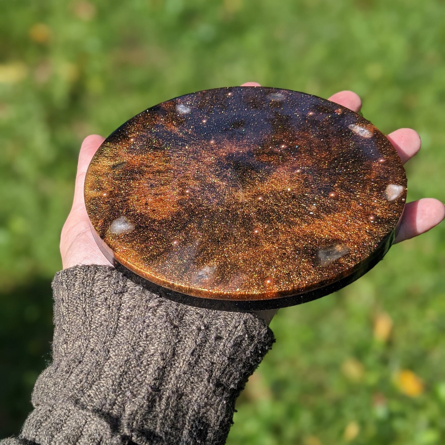 Round Orgonite Resin Plate with Shungite, Quartz & Metals | Handmade Desk or Tech Decor | Gift for Home or Office