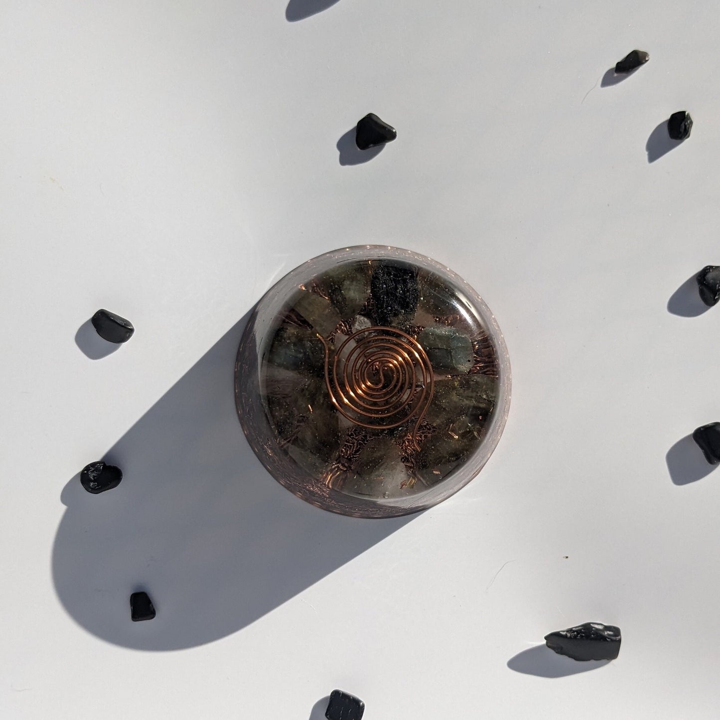 Shungite Tower Buster with Quartz and Labradorite – Handmade Resin and Copper Disc – Compact Modern Desk or Travel Decor