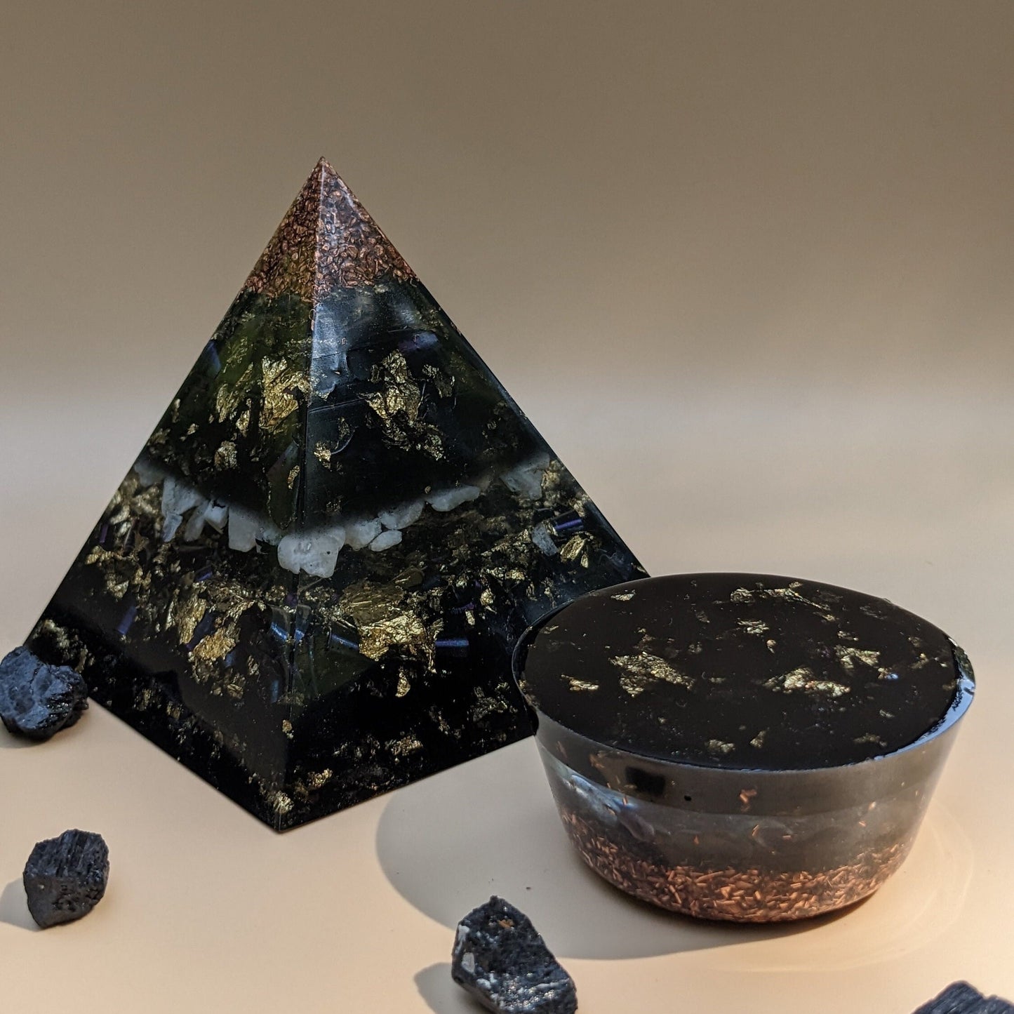 Orgonite Pyramid & Tower Buster Set with Shungite, Quartz, Copper and Gold | Handmade Resin Decor Set for Home or Office | Made in the USA