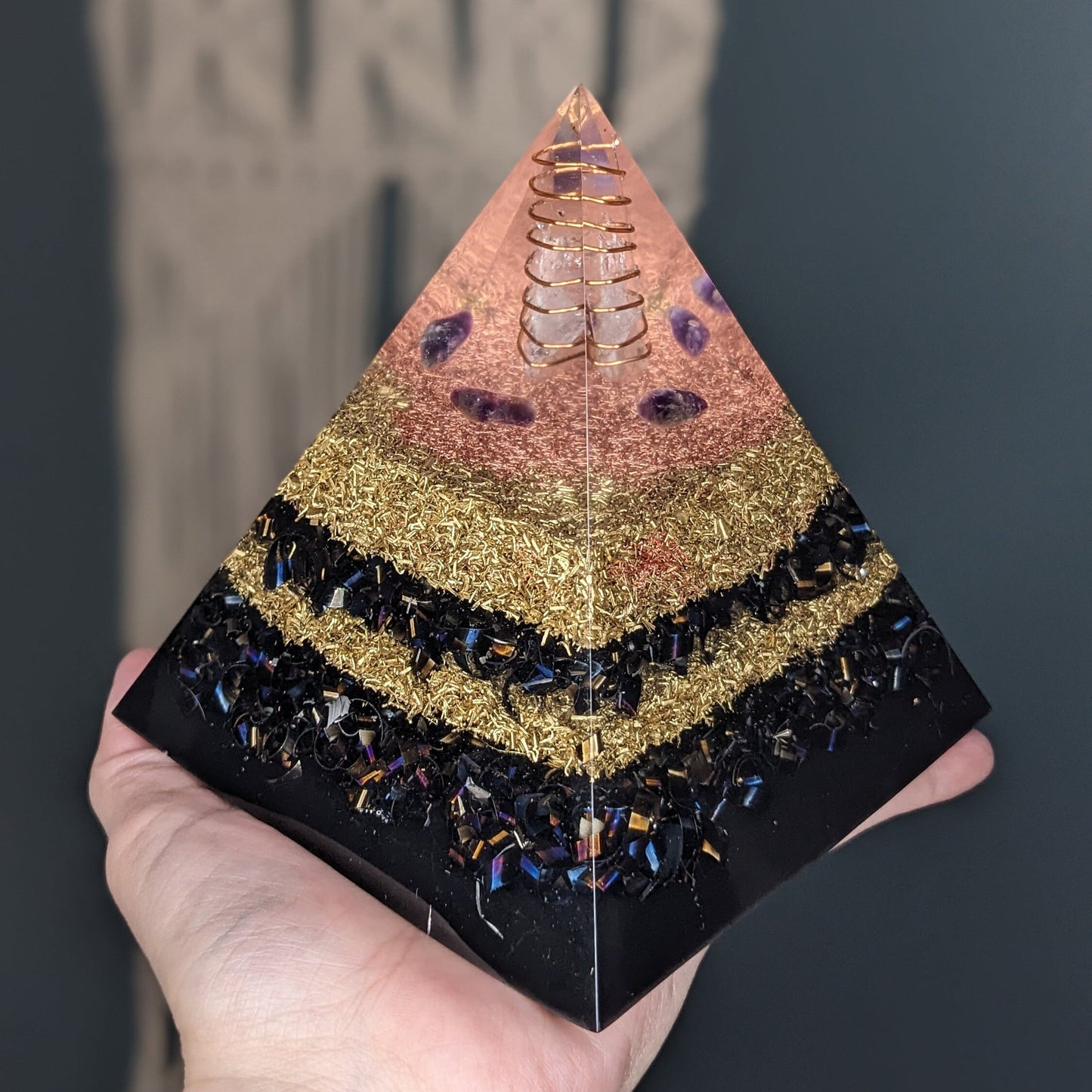 Large Orgonite Pyramid - Amethyst Crystal For Sleep And Anxiety - Orgone For EMF 5g And Smart Meter Protection - Meditation Practice Gift