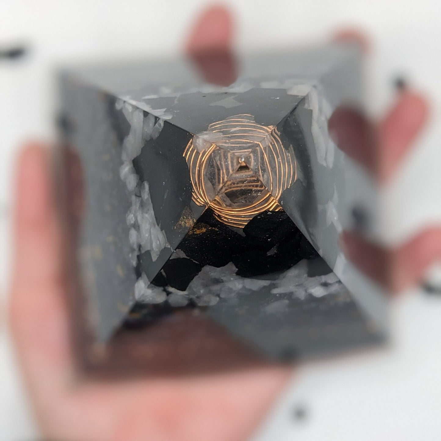 Handmade Shungite Orgonite Pyramid with Black Tourmaline & Quartz | Resin Desk Decor | Crystal Gift for Home or Office