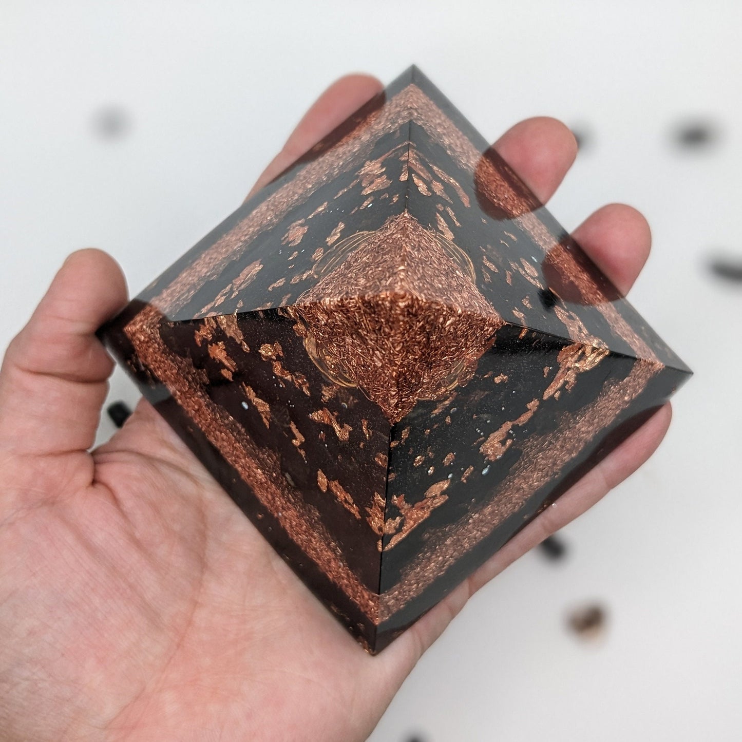 Orgonite Pyramid with Copper & Black Tourmaline | Handmade Resin Desk Decor | Modern Crystal Pyramid for Home or Office