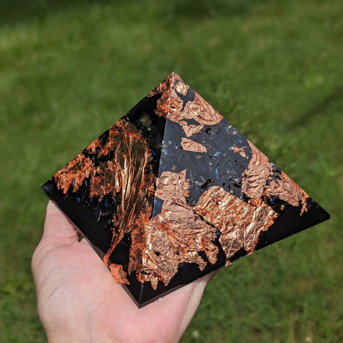 Black And Copper Orgone Pyramid - Large Natural Shungite Stone For Cleansing Energy - Real Orgonite For EMF Protection - Crystal Decor Altar