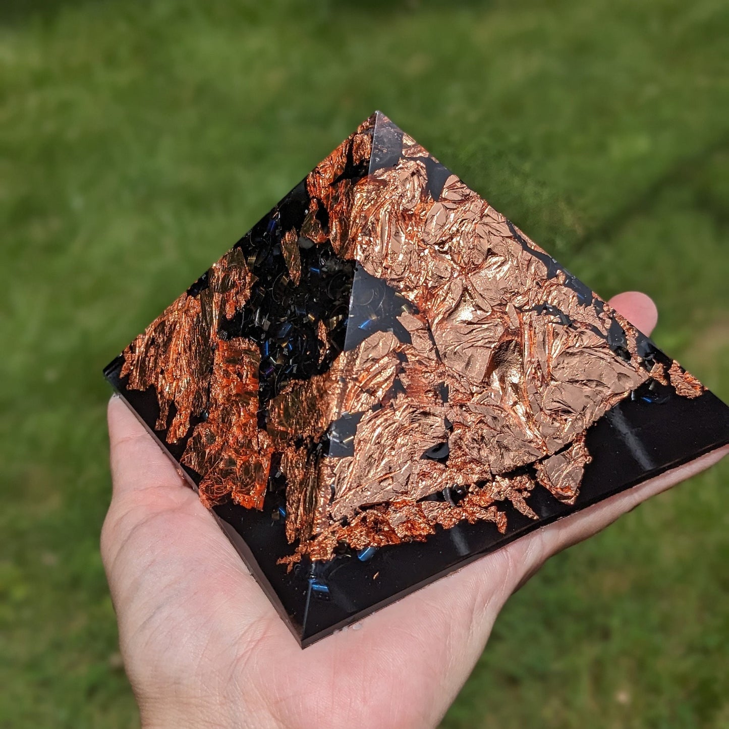 Black And Copper Orgone Pyramid - Large Natural Shungite Stone For Cleansing Energy - Real Orgonite For EMF Protection - Crystal Decor Altar