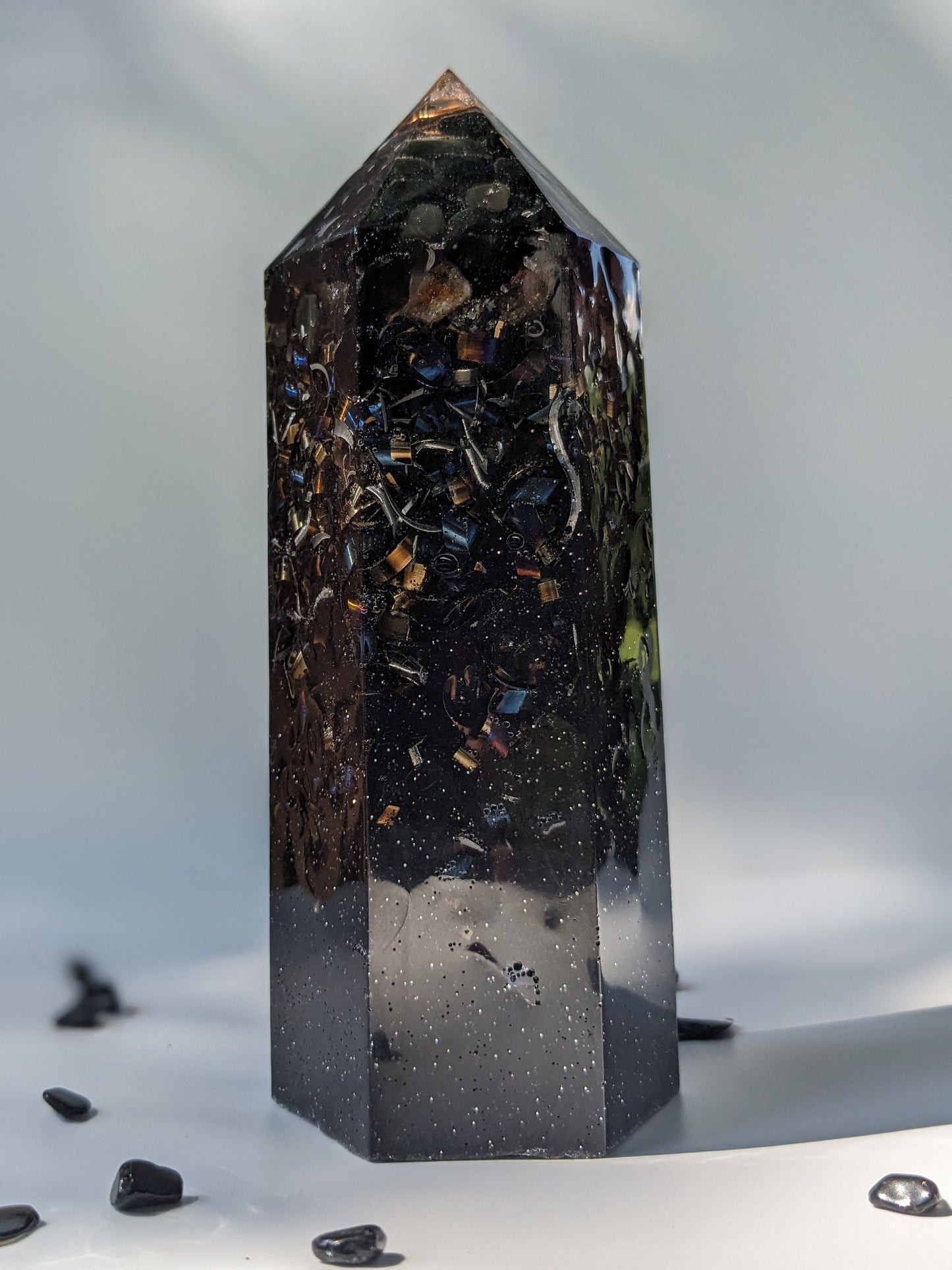 Large Black Obsidian Orgonite Tower - Crystal Point For Protection - Deep Aura Cleansing Tool - Positive Energy Healing Gift For New Home