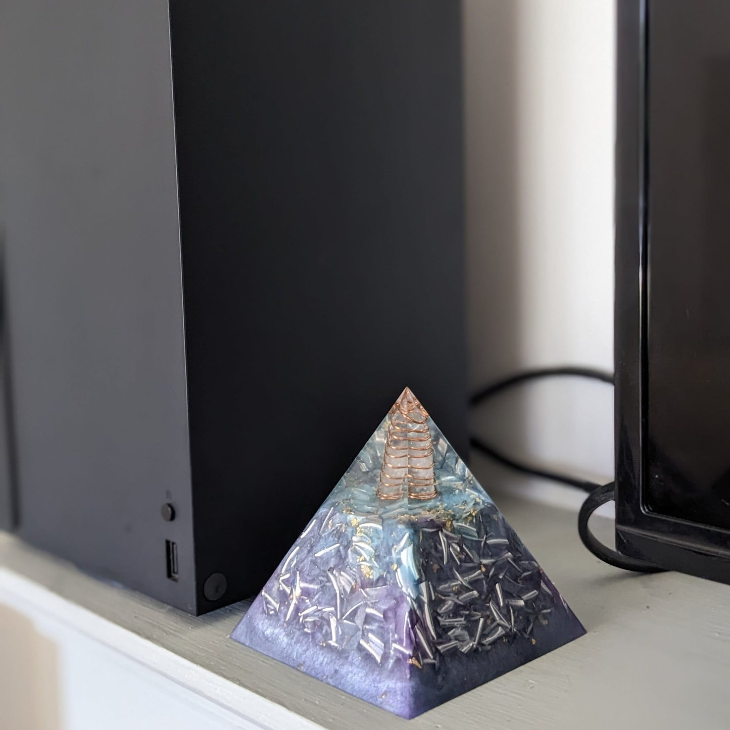 Real Orgonite Pyramid - Blue Gold Resin Crystals - Gift For Meditation - Throat Chakra Stone - Spiritual Home Decor - Orgone Energy For EMF