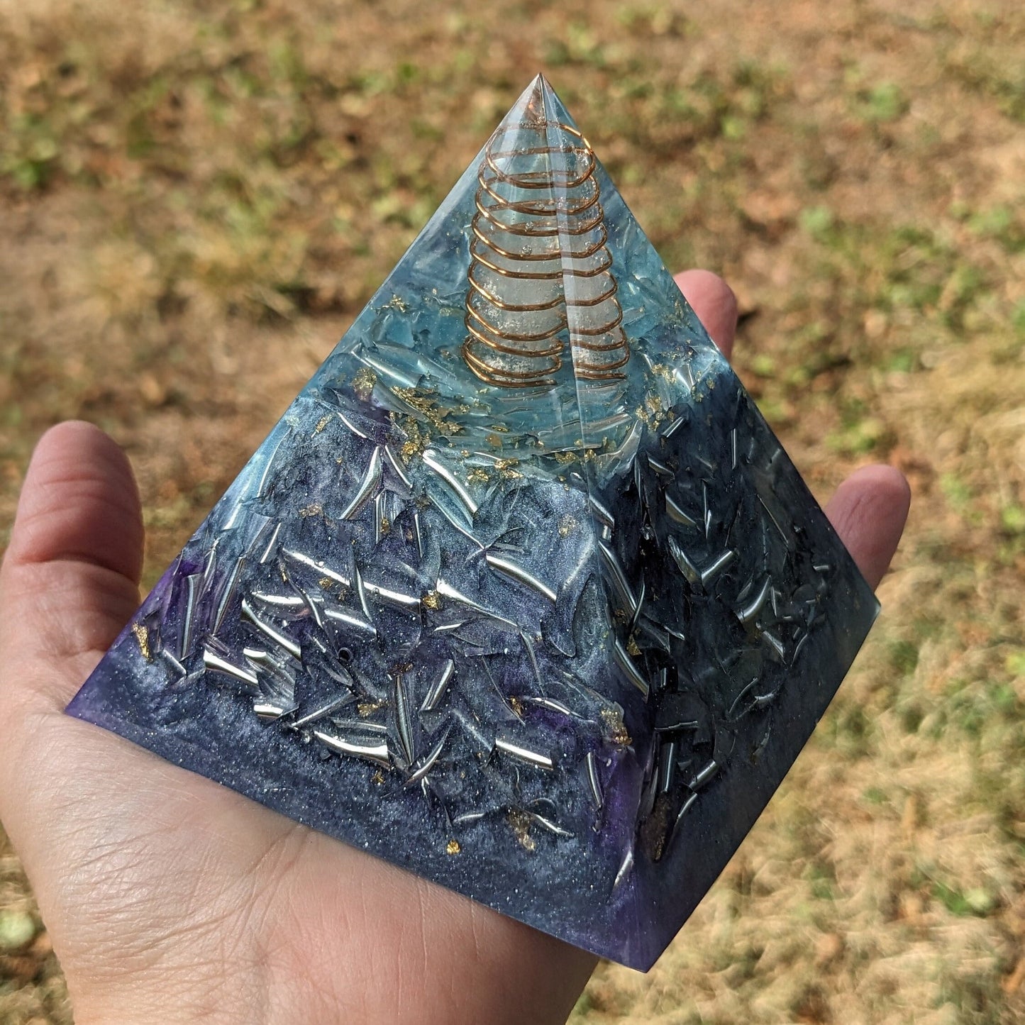 Real Orgonite Pyramid - Blue Gold Resin Crystals - Gift For Meditation - Throat Chakra Stone - Spiritual Home Decor - Orgone Energy For EMF