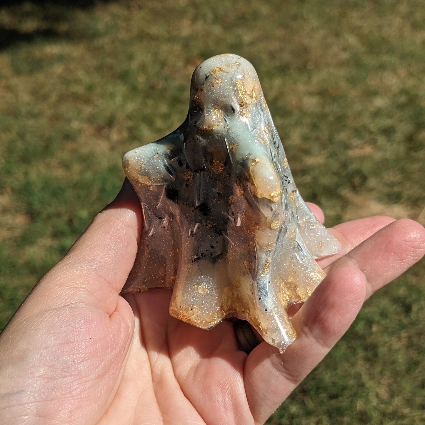 Glow In The Dark Resin Glitter Ghost - Real Orgonite For EMF Protection - Spooky Halloween Decoration Gift - Goth Home Decor - Desk Buddy