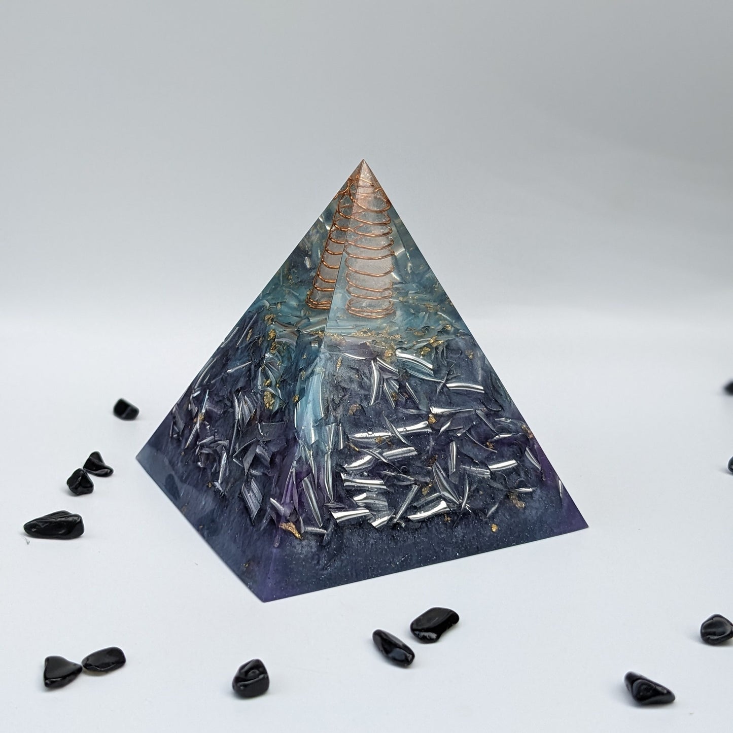Real Orgonite Pyramid - Blue Gold Resin Crystals - Gift For Meditation - Throat Chakra Stone - Spiritual Home Decor - Orgone Energy For EMF