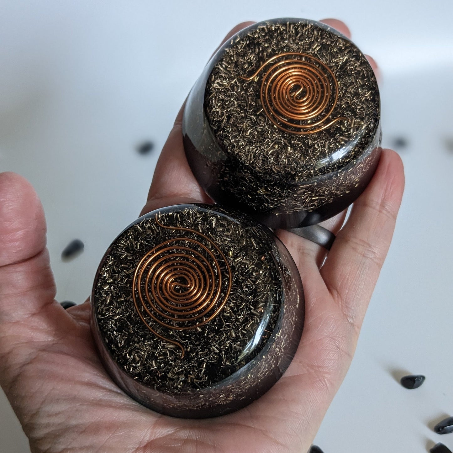 Large Shungite Orgonite Tower Busters with Copper, Brass & Quartz – Handmade Resin Discs for Home, Office and Tech Spaces