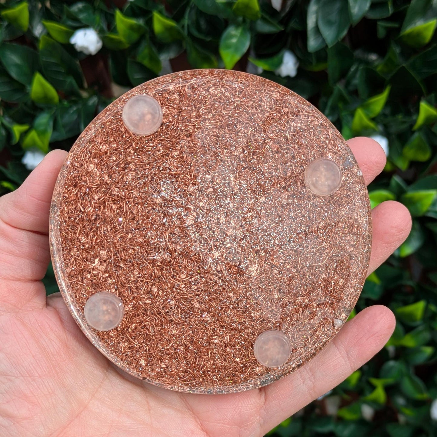 Handmade Orgonite Charging Plate with Quartz, Copper & Tourmaline – Resin Coaster for Desk or Nightstand – EMF Awareness Gift