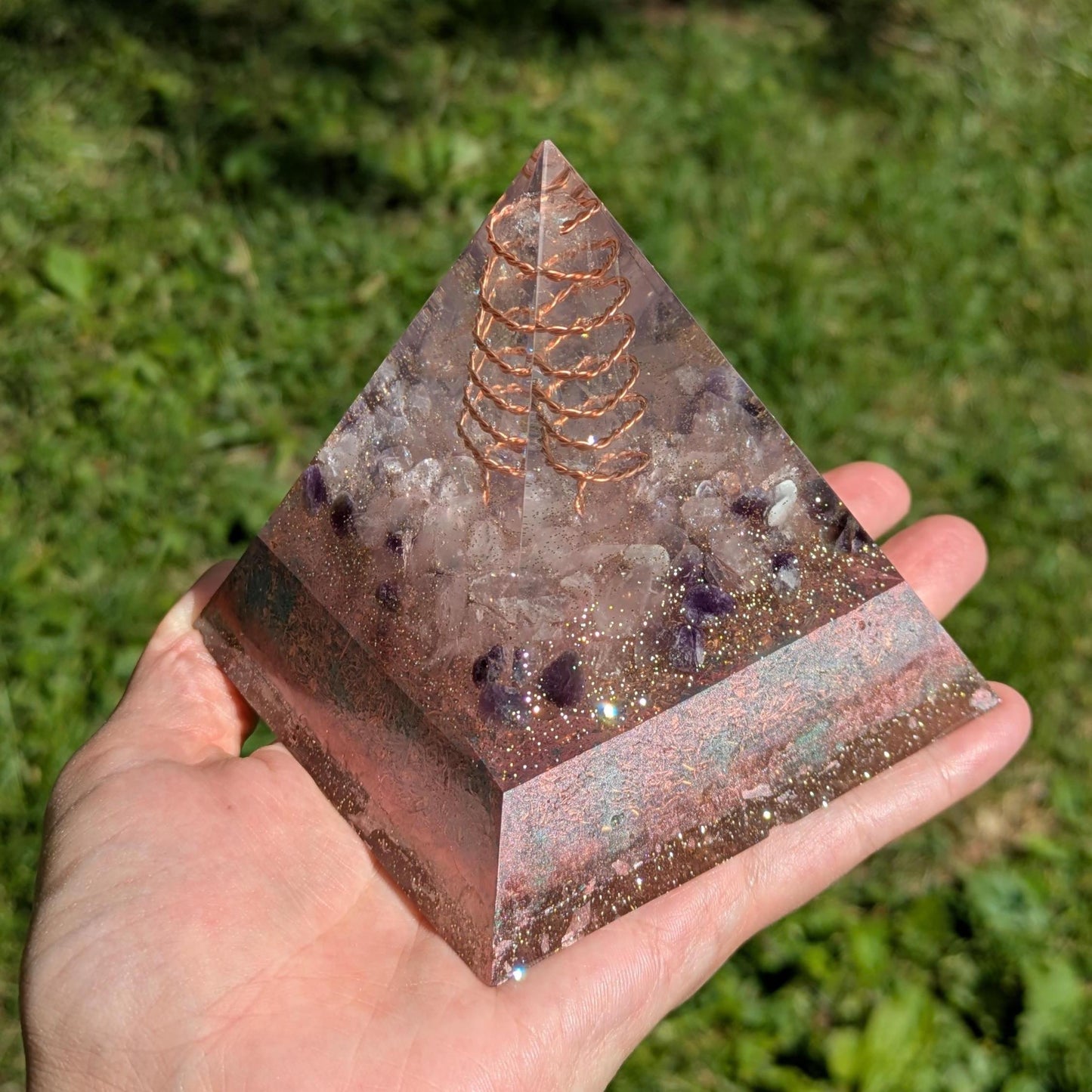 Orgonite Pyramid | EMF Awareness Decor | Handmade Resin Pyramid with Crystals & Copper | Orgone Energy Piece for Home or Office