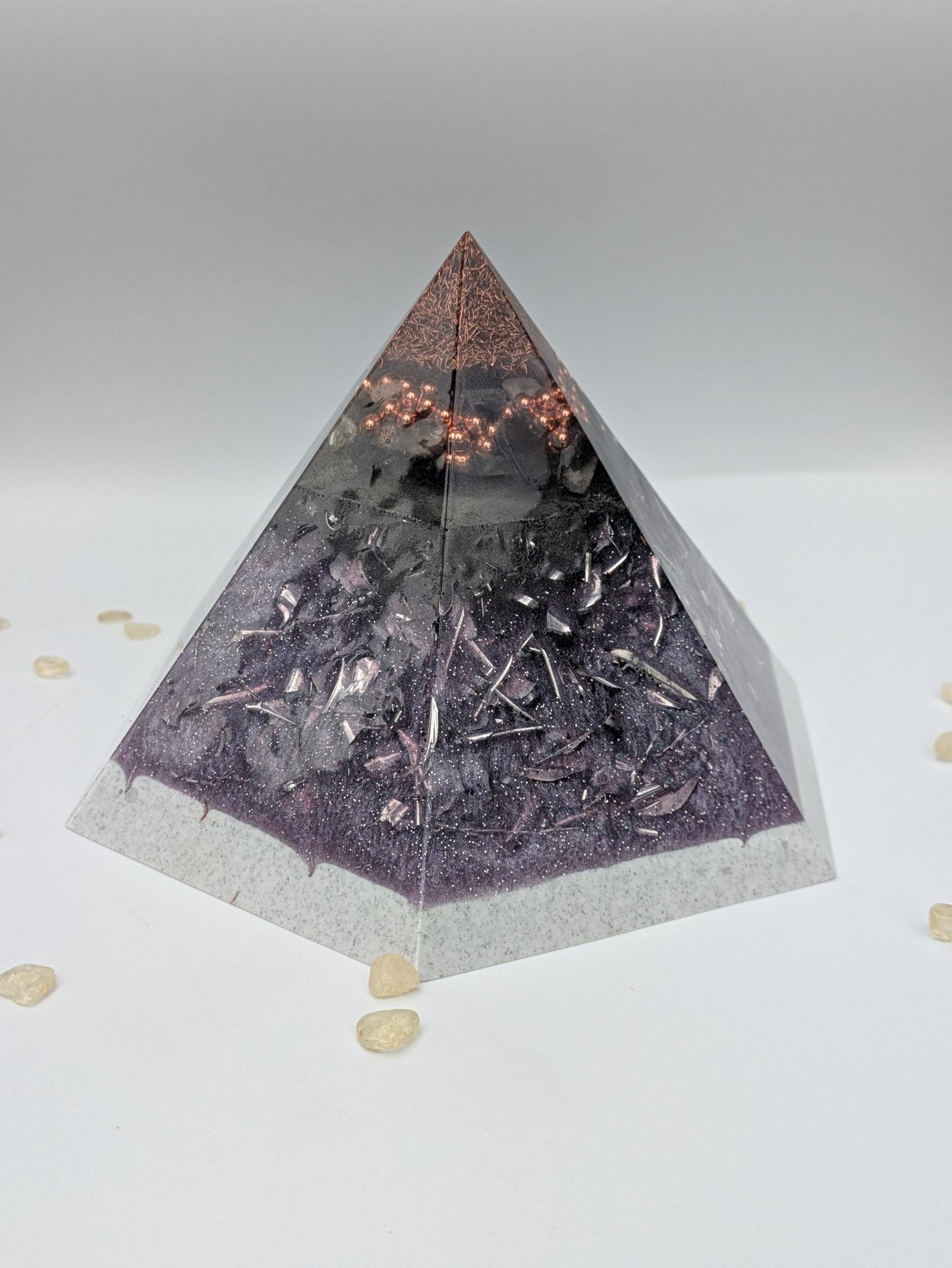 Large Orgonite Pyramid – Handmade Amethyst & Citrine Crystal – Iron, Steel And Copper Resin Art – Tech-Conscious Décor Gift