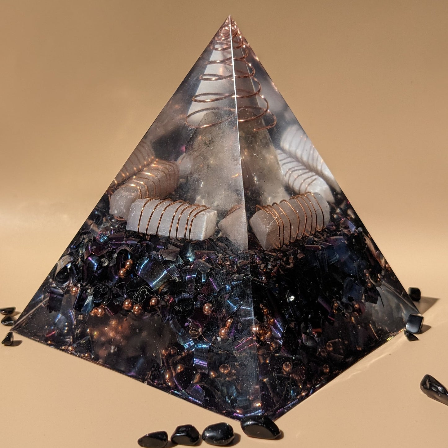 Large Orgonite Pyramid with Selenite – Handmade Resin Desk Decor – Oversized EMF Awareness Pyramid for Home or Office