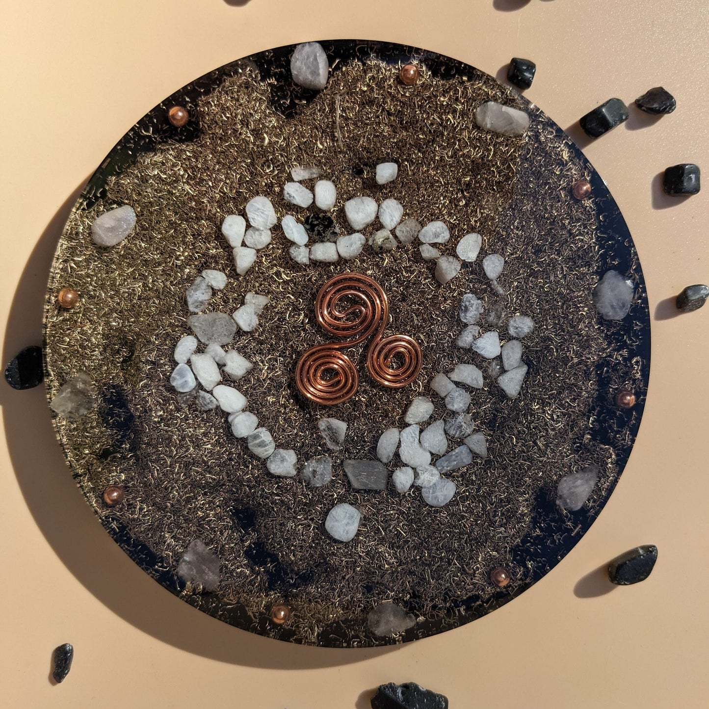 Orgonite Charging Plate - Orgone EMF Protection - Rose Quartz And Moonstone Crystal Cleansing Plate - Structure Water - Smart Meter Crystal