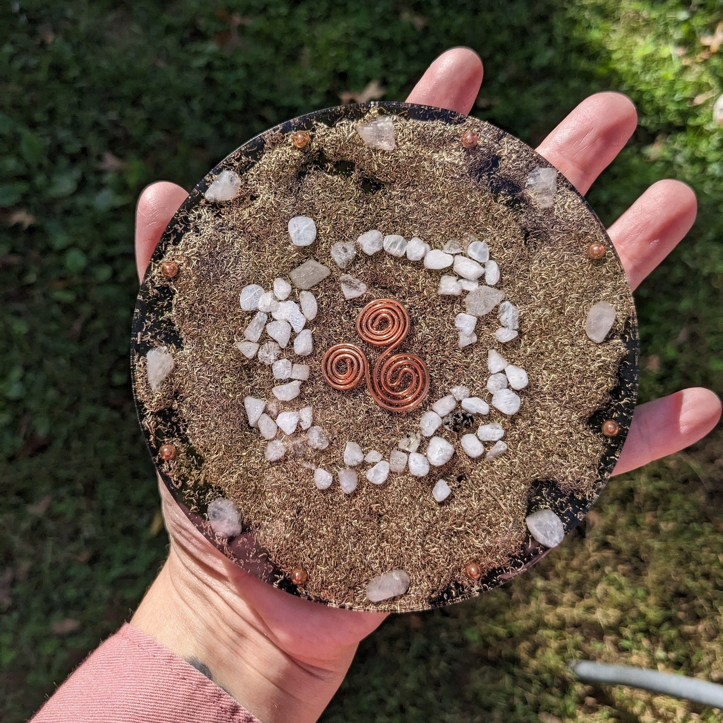 Orgonite Charging Plate - Orgone EMF Protection - Rose Quartz And Moonstone Crystal Cleansing Plate - Structure Water - Smart Meter Crystal