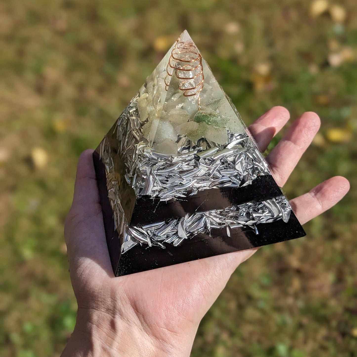 Shungite Stone Pyramid - Orgonite For EMF Protection - Orgone Energy Healing - Green Jade Heart Chakra Cleanse - Crystal For Love Abundance