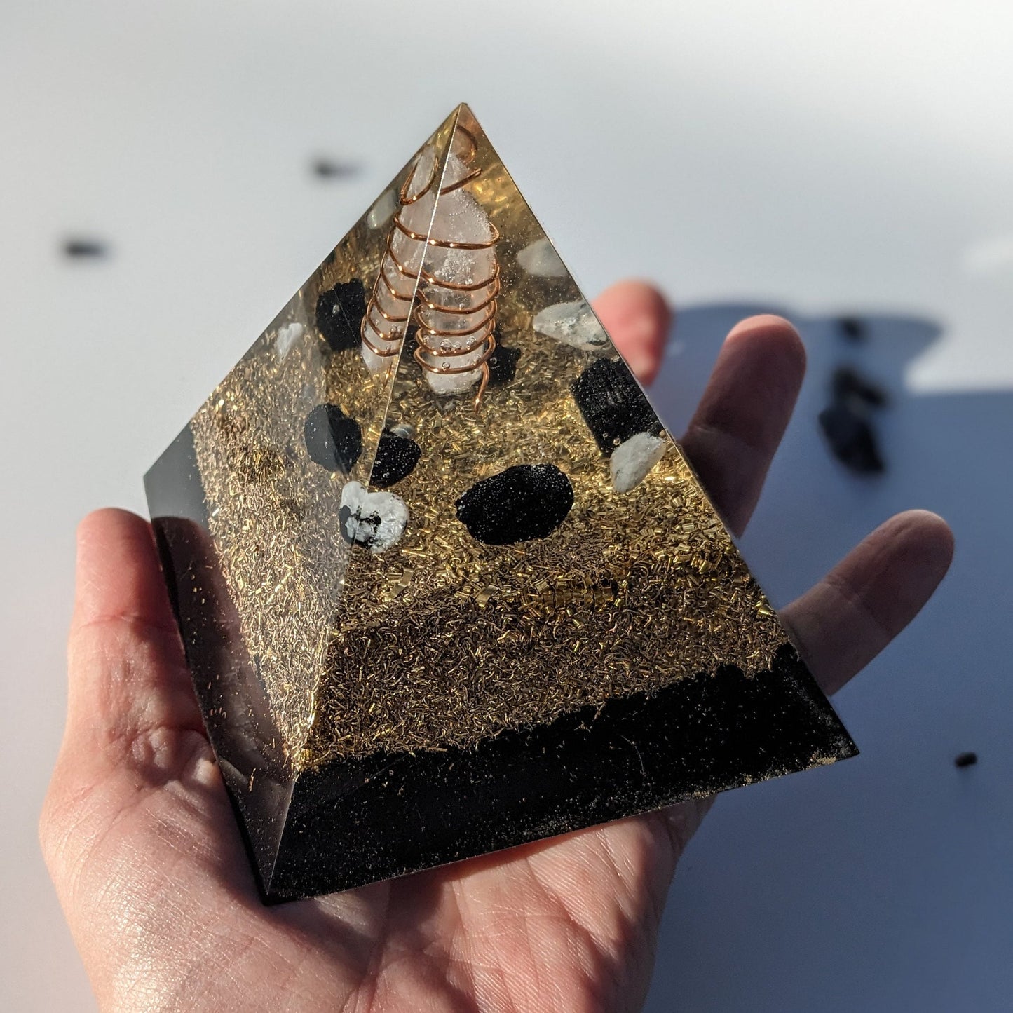 Handmade Orgonite Pyramid - Real Orgone Energy Harmonizer - Black Tourmaline And Moonstone Crystal Point - EMF And Energy Protection Stones