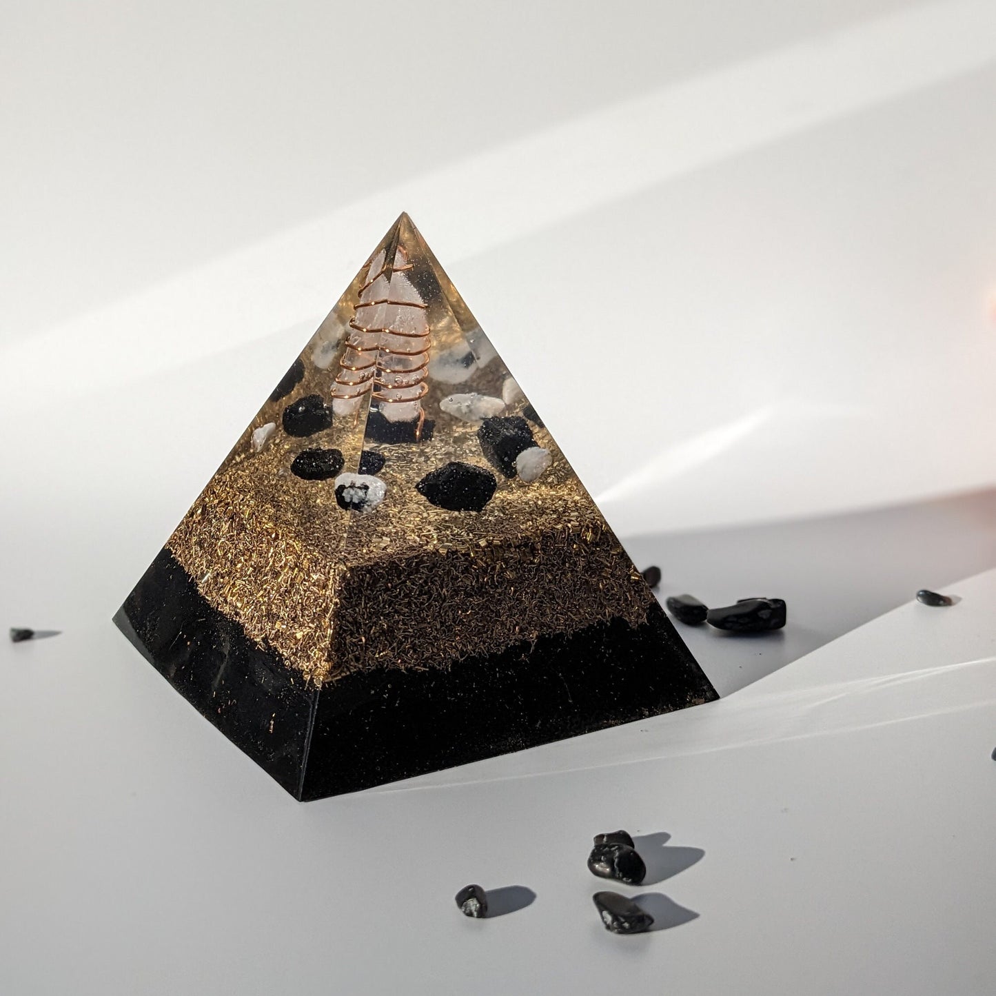 Handmade Orgonite Pyramid - Real Orgone Energy Harmonizer - Black Tourmaline And Moonstone Crystal Point - EMF And Energy Protection Stones