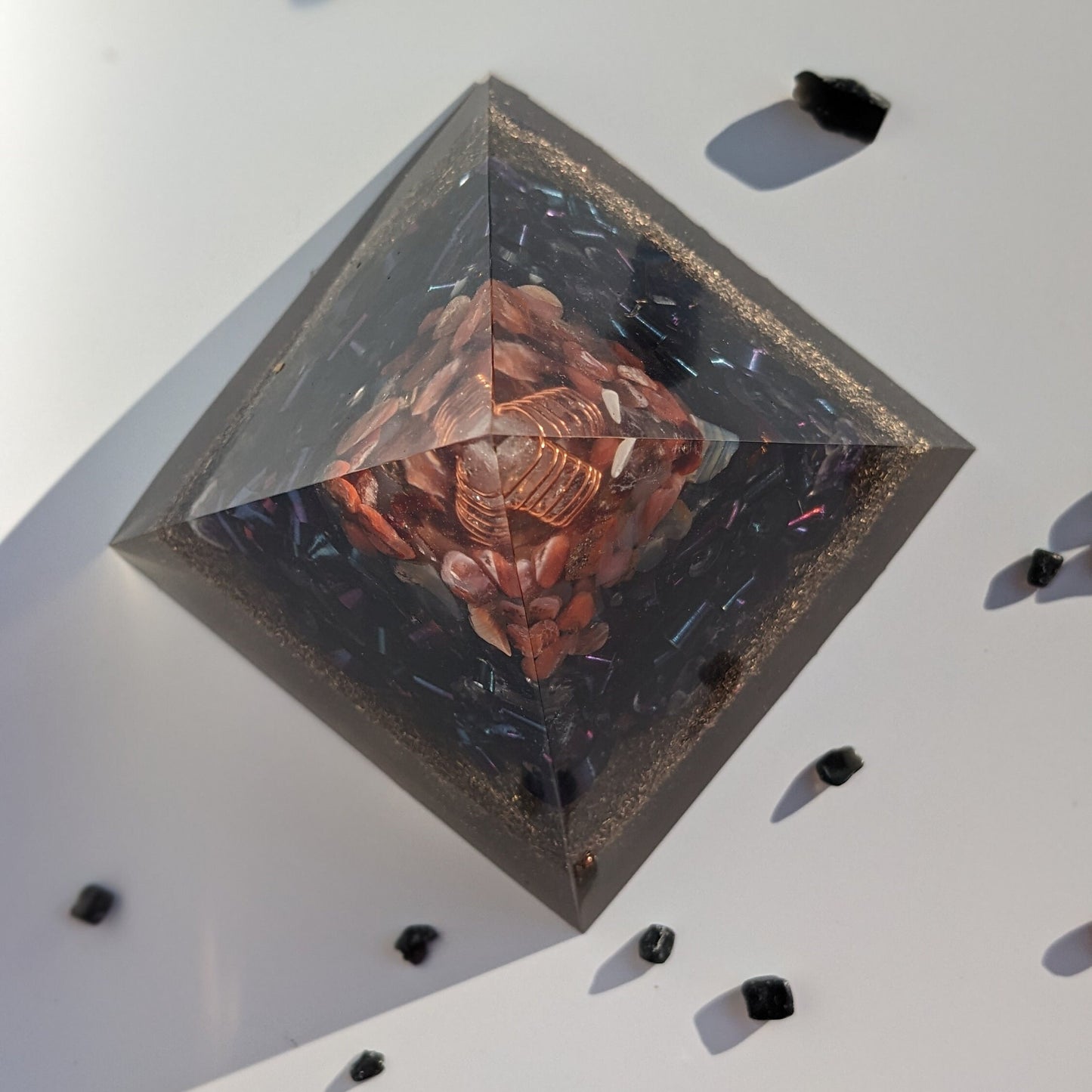 Handmade Orgonite Pyramid for EMF-Conscious Spaces | Copper, Quartz, Tourmaline & Carnelian Energy Decor