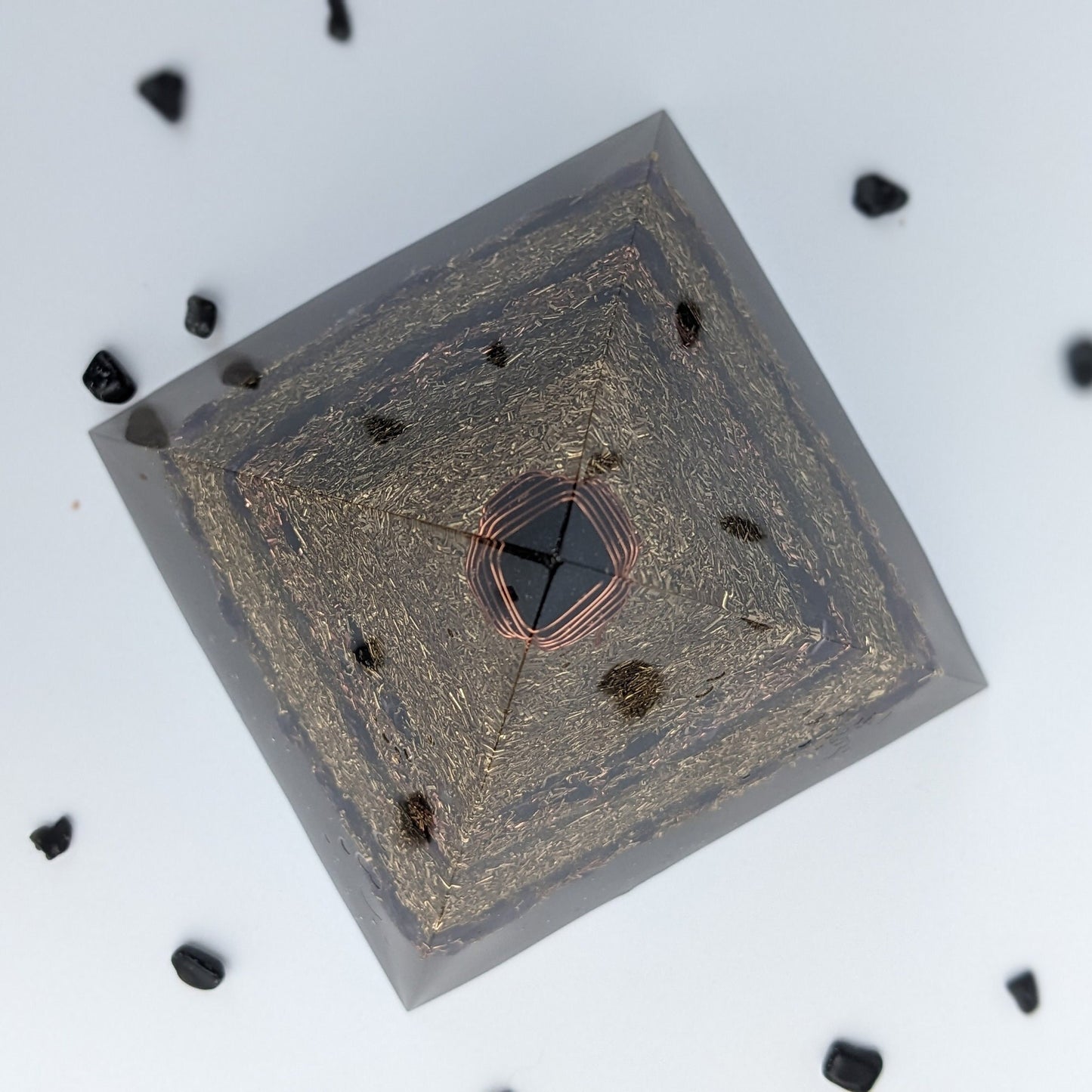 Orgonite Pyramid – Handmade Quartz, Black Tourmaline & Amethyst – Resin and Metal Desk EMF Decor – Home and Office Accent