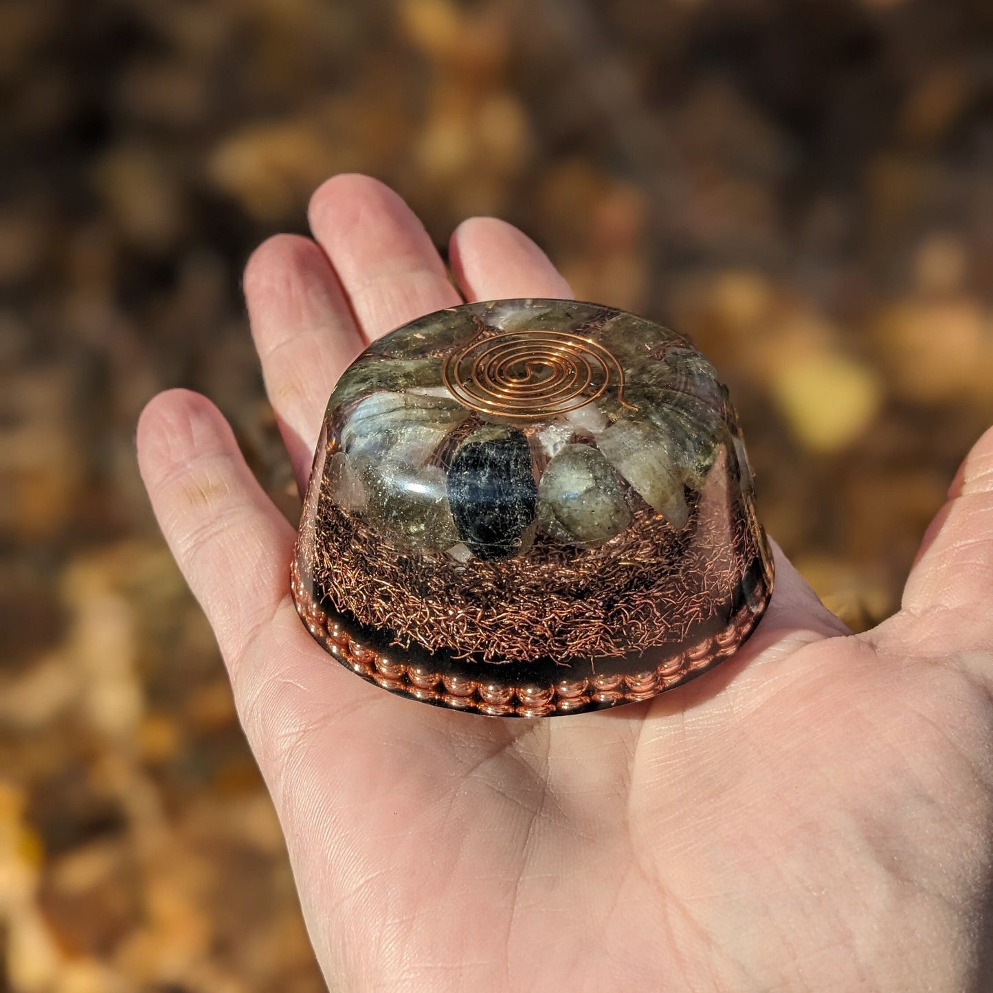 Shungite Tower Buster with Quartz and Labradorite – Handmade Resin and Copper Disc – Compact Modern Desk or Travel Decor