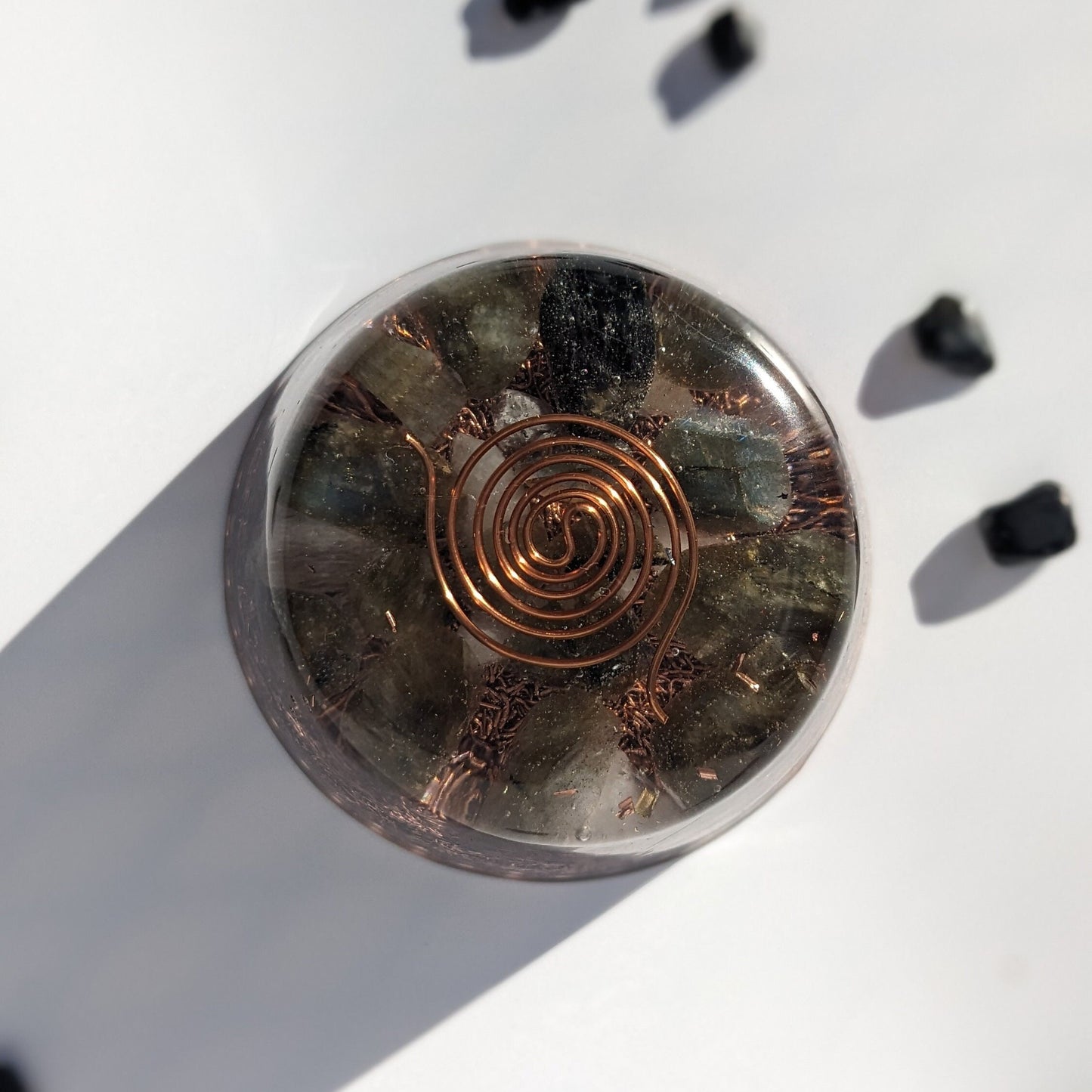 Shungite Tower Buster with Quartz and Labradorite – Handmade Resin and Copper Disc – Compact Modern Desk or Travel Decor