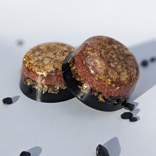 Round Gold Orgonite Tower Buster - Shungite Stone For EMF Protection - Copper And Quartz Orgone Generator - Powerful Energy Protector For 5G