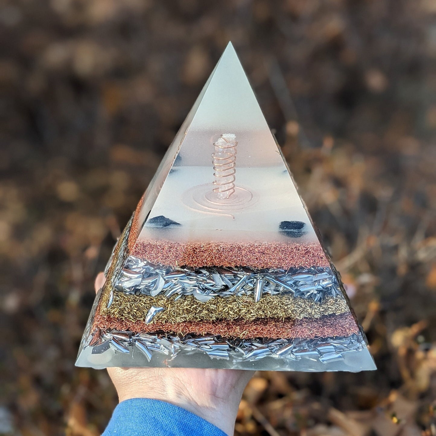 6" Glow-in-the-Dark Orgonite Pyramid | Handmade Resin Pyramid with Quartz, Tourmaline, Copper, Brass & Aluminum | Modern Desk and Home Decor