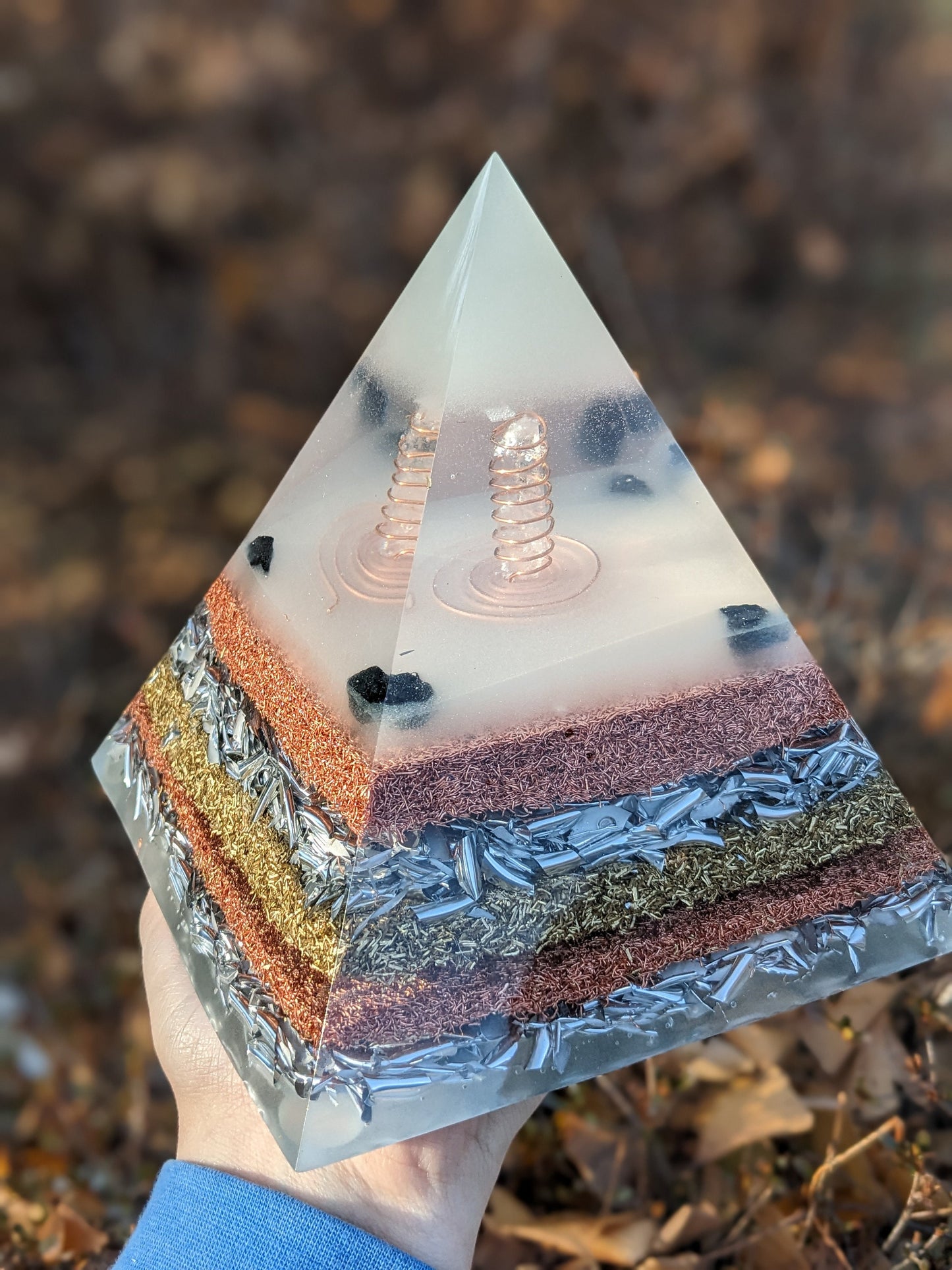 6" Glow-in-the-Dark Orgonite Pyramid | Handmade Resin Pyramid with Quartz, Tourmaline, Copper, Brass & Aluminum | Modern Desk and Home Decor