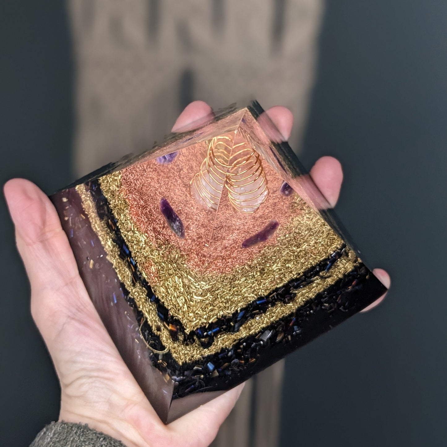 Orgonite Pyramid with Amethyst, Shungite, Quartz, Copper & Brass | Handmade Crystal Decor for EMF-Aware Homes and Offices