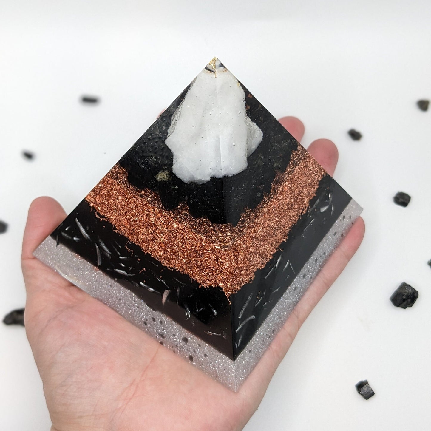 Orgonite Pyramid with Shungite & Tourmaline | Handmade Resin Crystal Décor for Desk, Office and Home