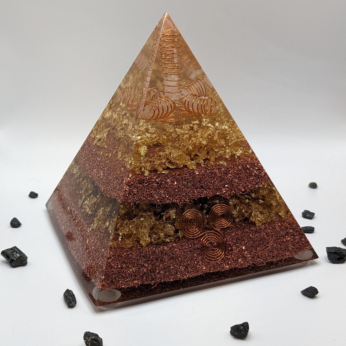 Large Gold Orgone Pyramid With Triskelion Spiral Celtic Gift For Mental Health Anxiety Relief Gift For Energy Balance Crystal Pyramid Copper