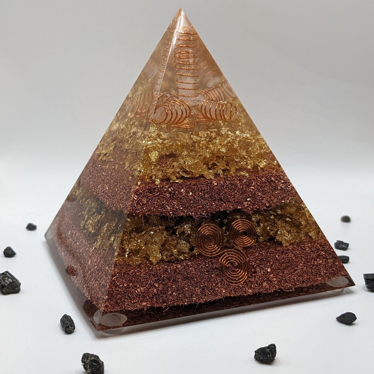 Large Gold Orgone Pyramid With Triskelion Spiral Celtic Gift For Mental Health Anxiety Relief Gift For Energy Balance Crystal Pyramid Copper