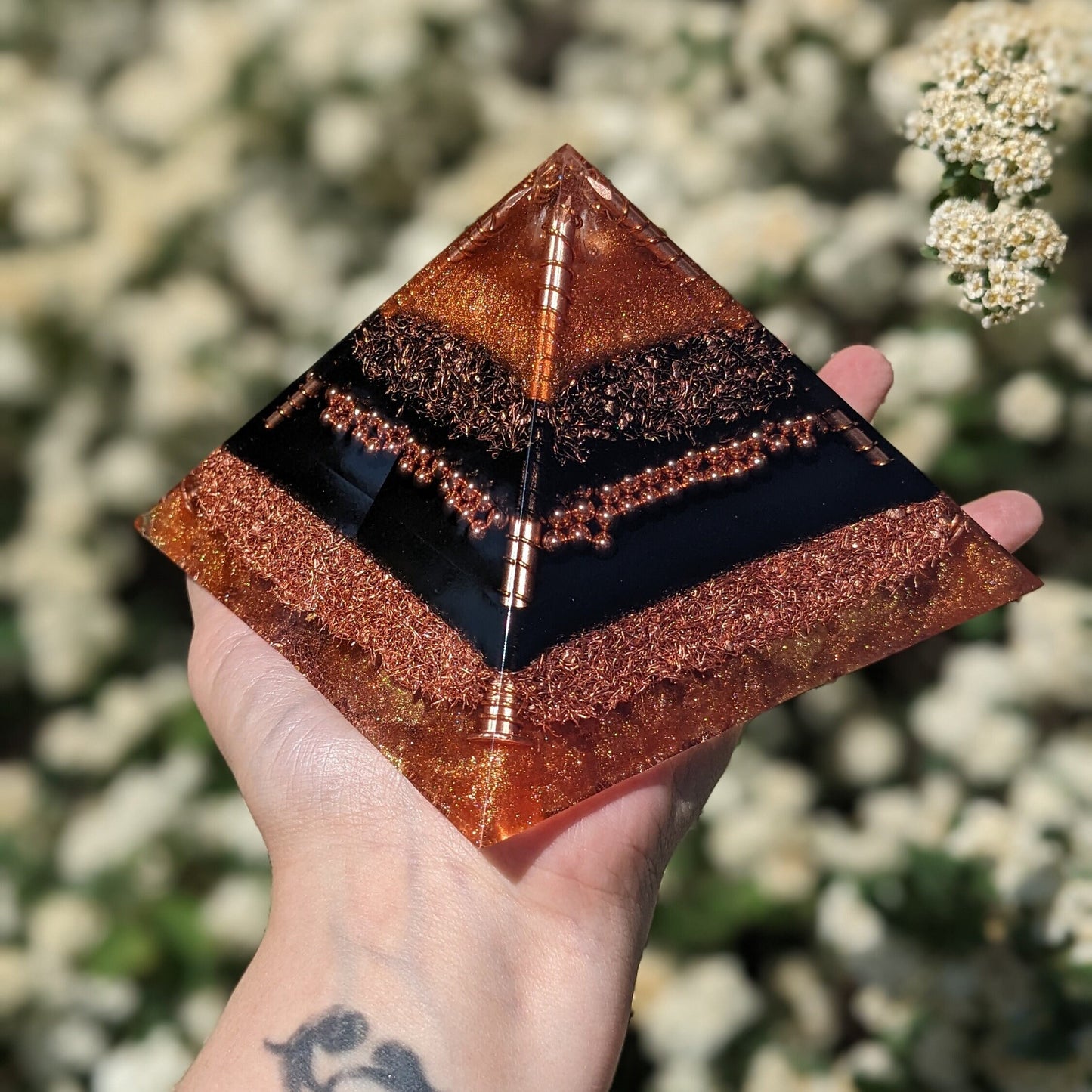 Black And Copper Orgonite Pyramid - Powerful Orgone Energy - Maximum EMF Protection - Shungite Stone Point - Gift For New Home Or Office