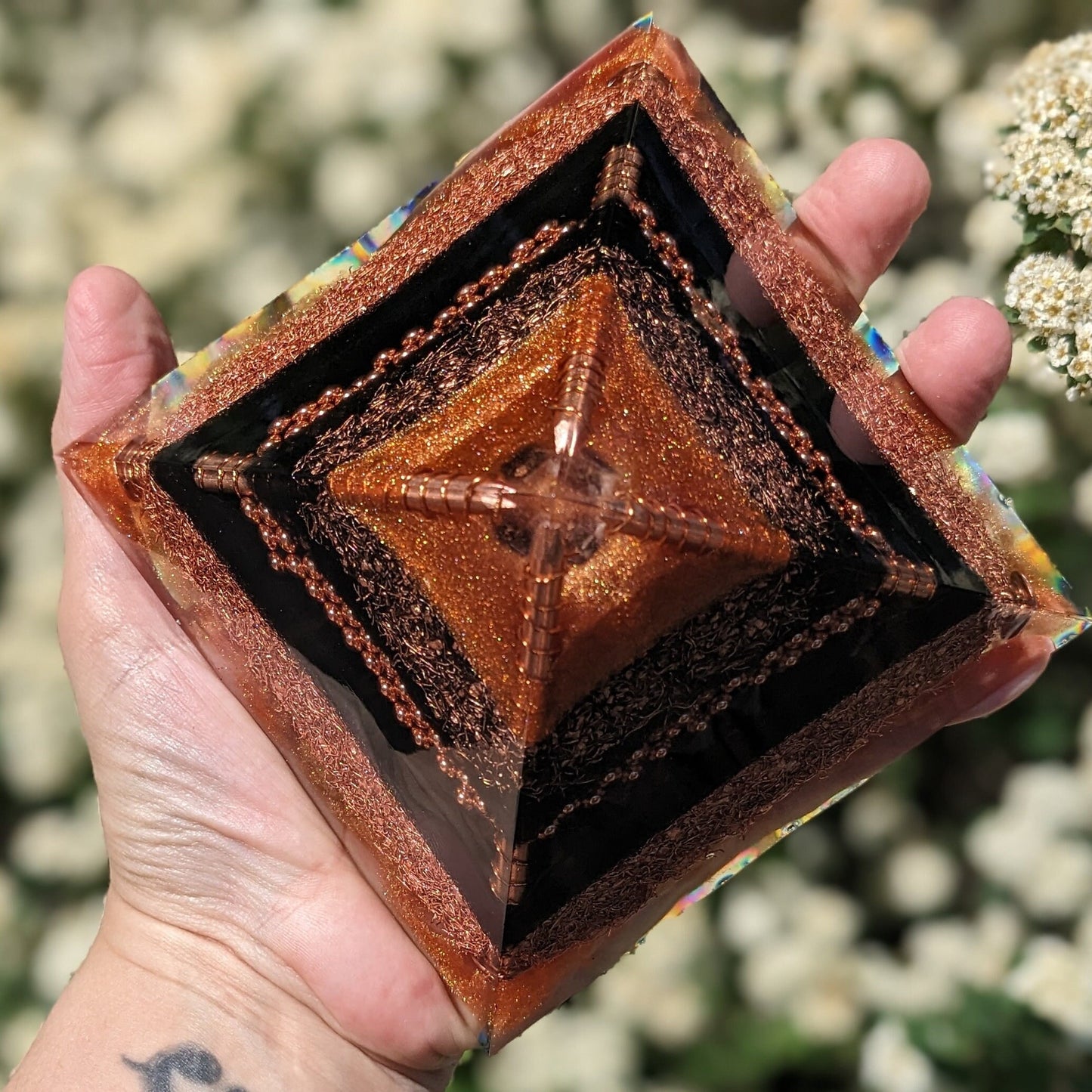 Black And Copper Orgonite Pyramid - Powerful Orgone Energy - Maximum EMF Protection - Shungite Stone Point - Gift For New Home Or Office