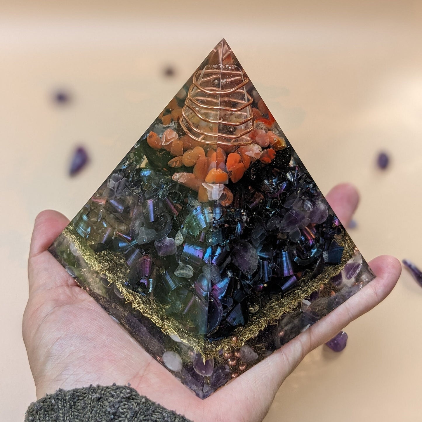 Orgonite Pyramid For Spiritual Practices - Aura Cleansing Crystal Protection - Natural Carnelian Gemstone Collection - Amethyst For Anxiety