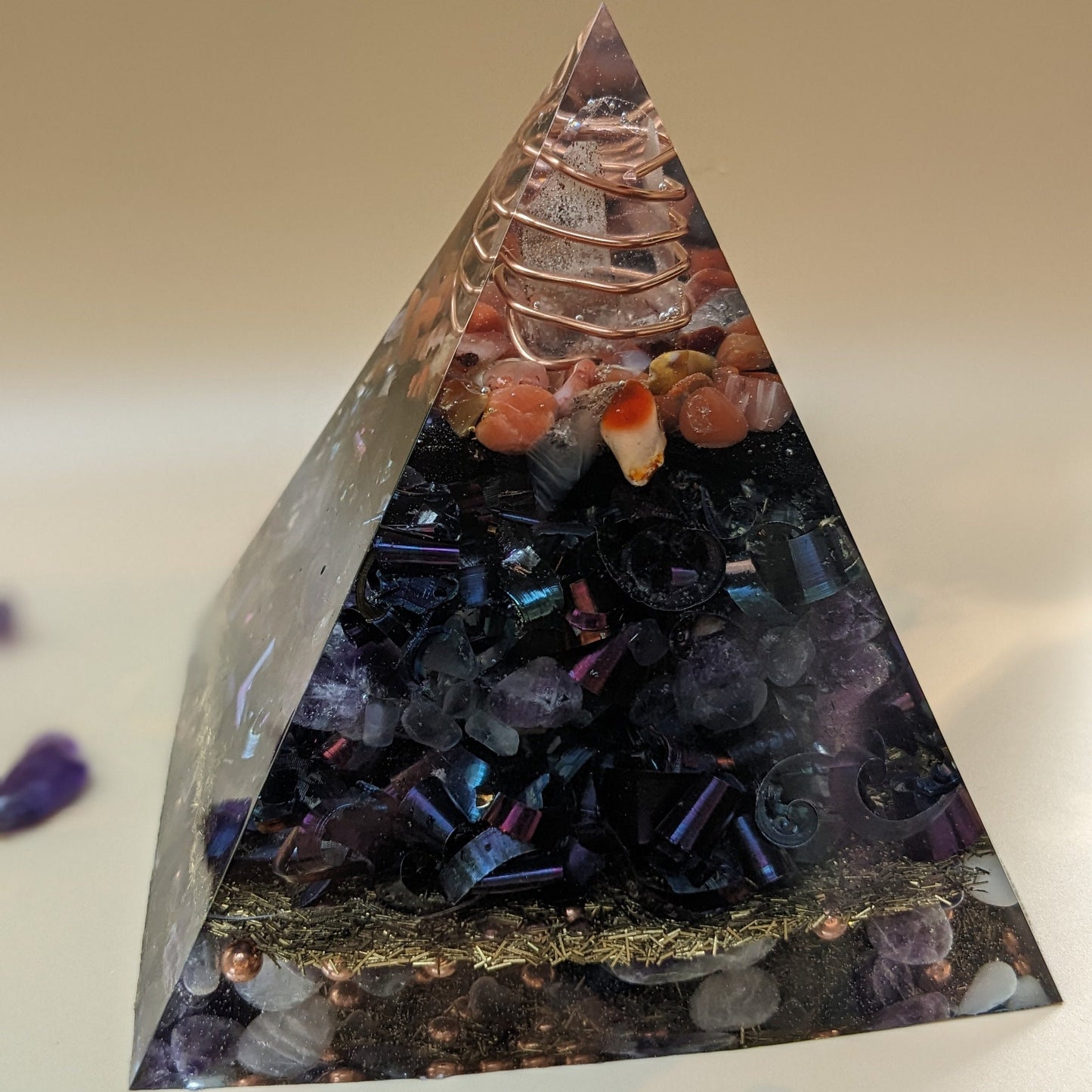 Orgonite Pyramid For Spiritual Practices - Aura Cleansing Crystal Protection - Natural Carnelian Gemstone Collection - Amethyst For Anxiety