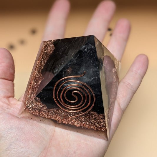 Shungite Stone Orgonite Pyramid - Copper Spiral Orgone - EMF Protection With Crystal - Energy Cleansing With Quartz Point - Small Home Decor