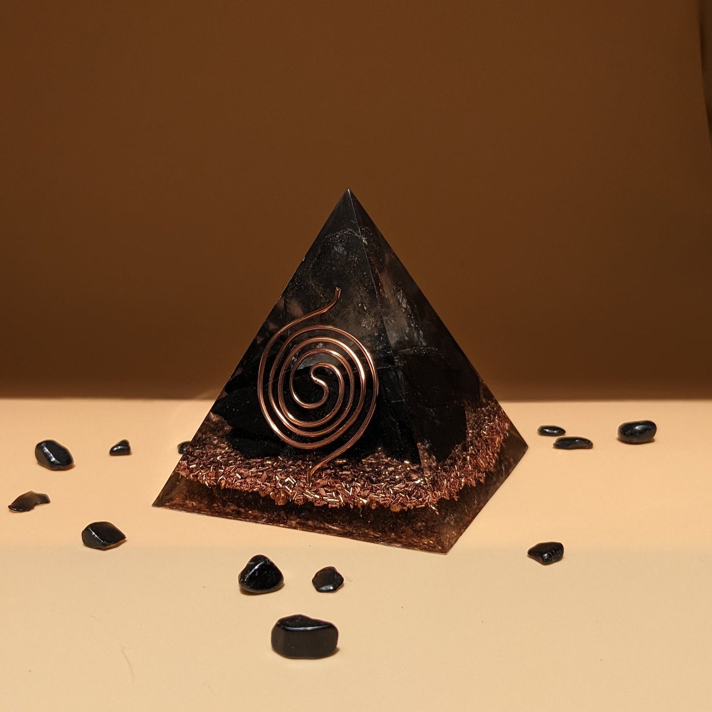 Shungite Stone Orgonite Pyramid - Copper Spiral Orgone - EMF Protection With Crystal - Energy Cleansing With Quartz Point - Small Home Decor