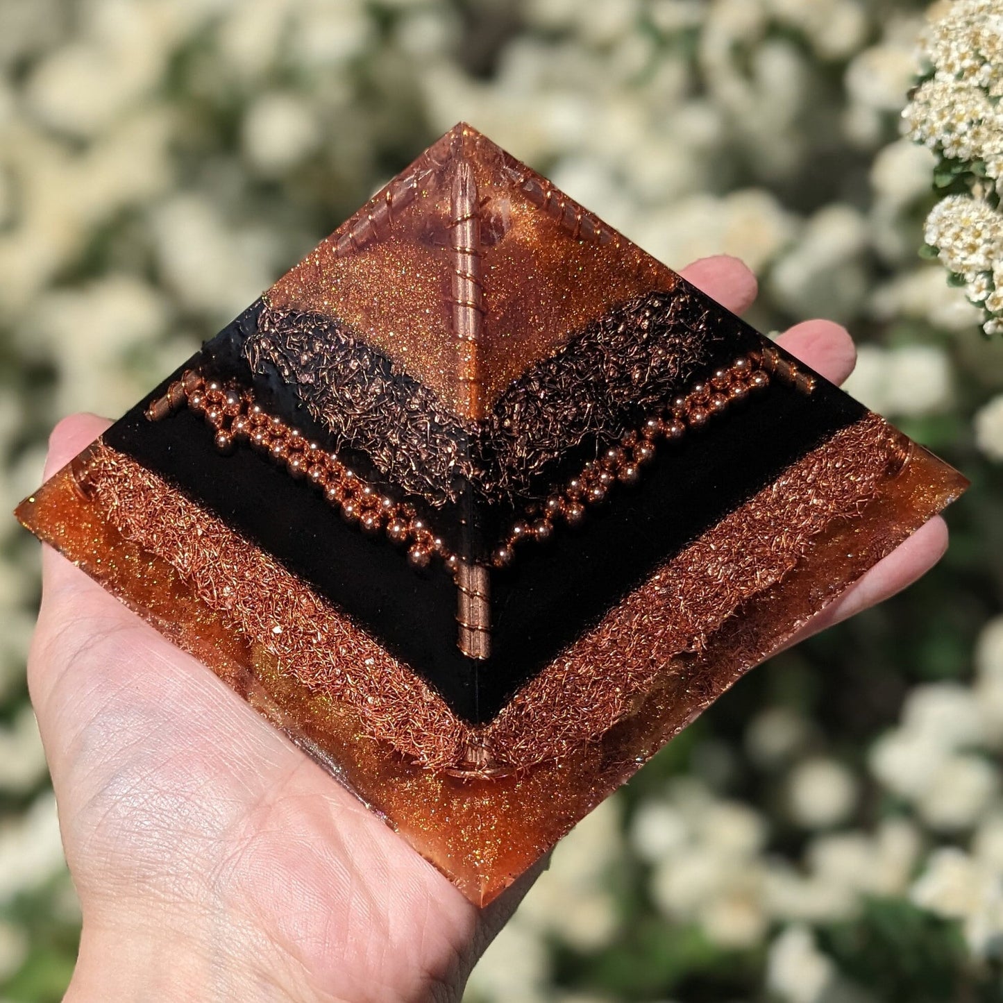 Black And Copper Orgonite Pyramid - Powerful Orgone Energy - Maximum EMF Protection - Shungite Stone Point - Gift For New Home Or Office