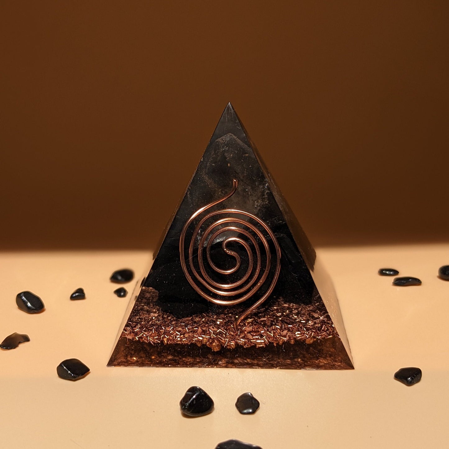 Shungite Stone Orgonite Pyramid - Copper Spiral Orgone - EMF Protection With Crystal - Energy Cleansing With Quartz Point - Small Home Decor