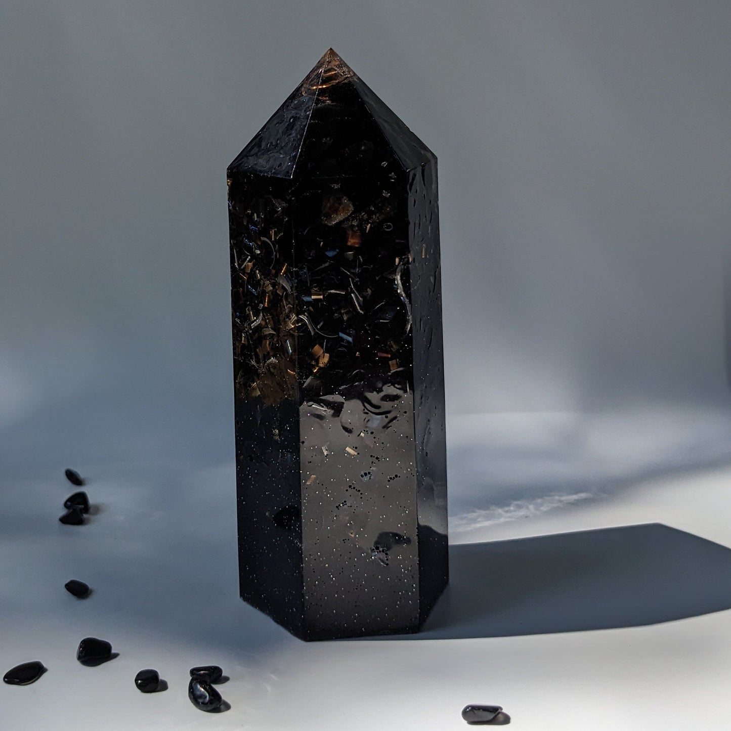 Large Black Obsidian Orgonite Tower - Crystal Point For Protection - Deep Aura Cleansing Tool - Positive Energy Healing Gift For New Home